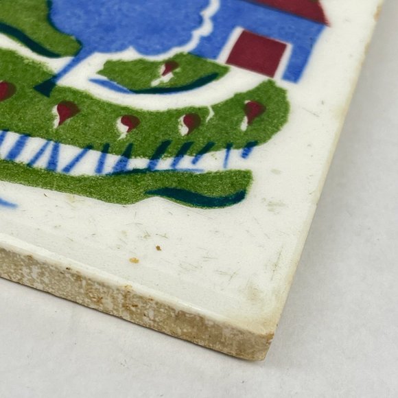 Vintage Wheeling Cushion Hand Painted Rural Village Scene 6" Square Tile Trivet - Picture 7 of 11